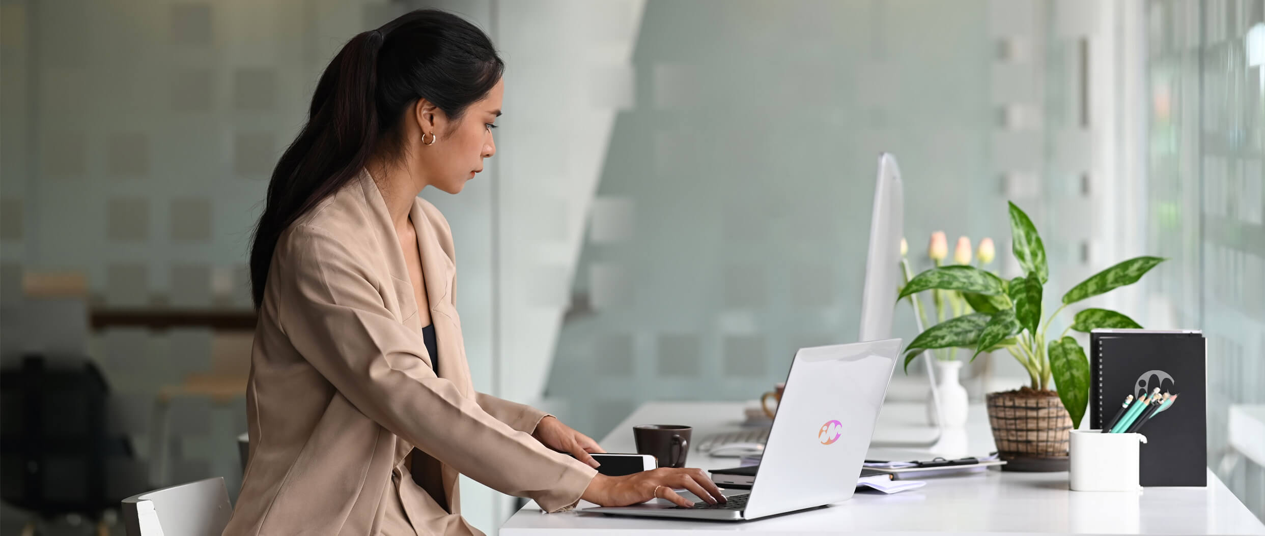 Woman at desk, office, laptop.