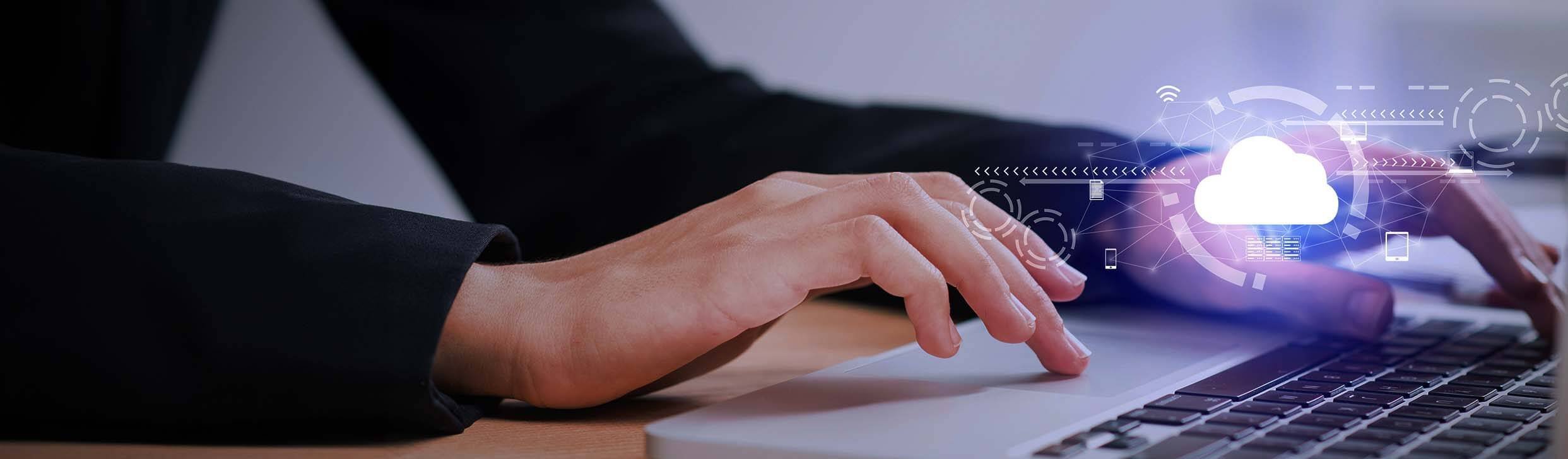 Data processing, woman at laptop, cloud, typing on a keyboard